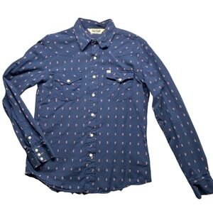 Salt Valley Western Long Sleeve Snap Front Shirt Blue Geometric Print Mens M